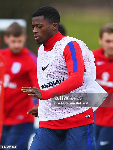 Dominic Iorfa warms up during an England U21 training session ahead of their UEFA U21 European Championship qualifier against Switzerland at St...