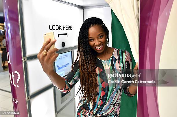 Jamelia officially opens the Qatar Airways photo booth at Birmingham Airport on March 24, 2016 in Birmingham, England. Today Qatar Airways launch a...