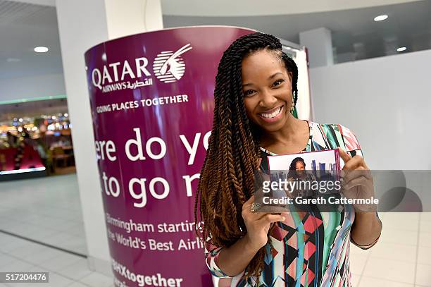 Jamelia officially opens the Qatar Airways photo booth at Birmingham Airport on March 24, 2016 in Birmingham, England. Today Qatar Airways launch a...