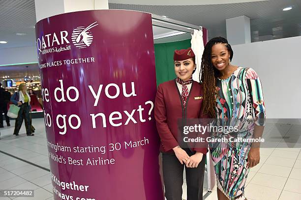 Noshaba Khan of Qatar Airways and Jamelia officially open the Qatar Airways photo booth at Birmingham Airport on March 24, 2016 in Birmingham,...