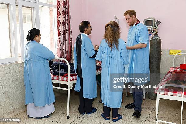 Prince Harry visits Kanti Children's Hospital where he meet young people being treated with burns on March 23, 2016 in Pokhara, Nepal.