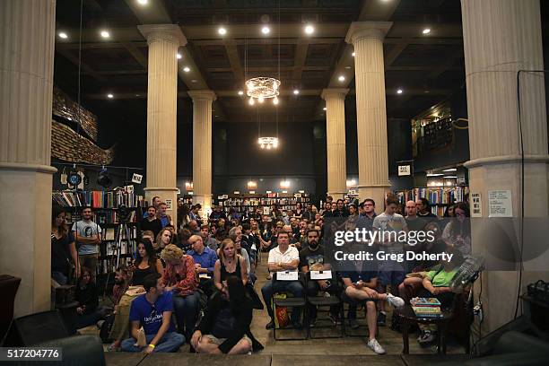 General view of the atmosphere as the crowd awaits the arrival of Polly Samson and David Gilmour at The Last Bookstore on March 23, 2016 in Los...