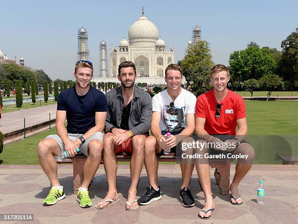 David Willey, Liam Plunkett, Jos Buttler and Joe Root of England pose for a portrait during a visit to the Taj Mahal on March 24, 2016 in Agra, India.