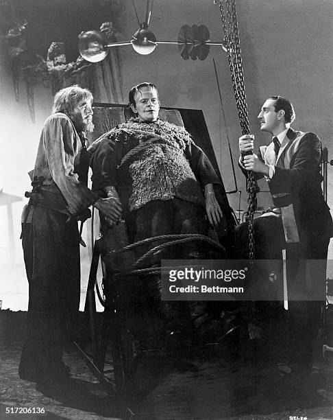 Boris Karloff, Basil Rathbone, and Bela Lugosi in a scene from the 1939 Universal Pictures production, "Son of Frankenstein."