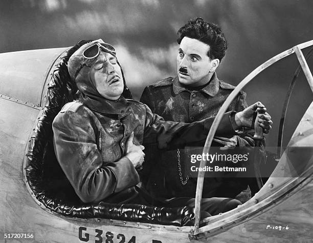 Charlie Chaplin and an unidentified actor in a scene from the 1940 film The Great Dictator.
