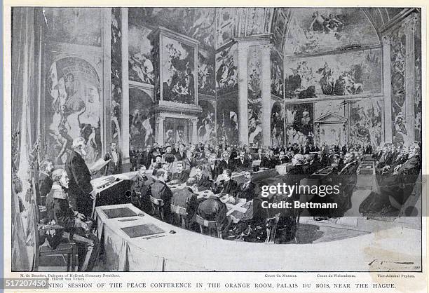 Picture shows the opening session of the peace conference in the Orange Room, Palais Du Bois, near the Hague. Undated.