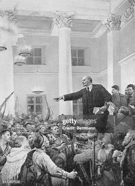 Lenin proclaiming the Soviet Republic. After a painting by V.A. Serov.