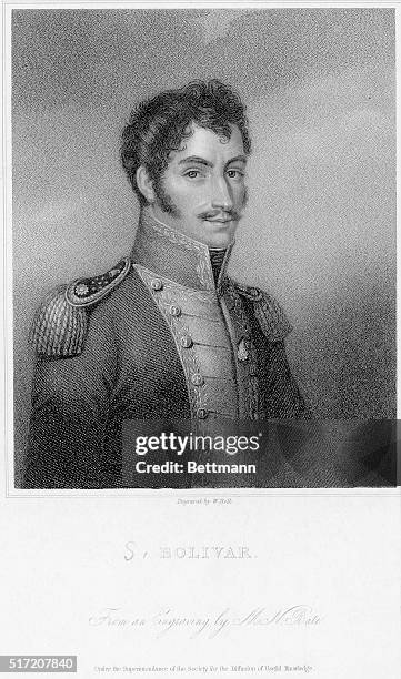 Portrait of Bolivian liberator Simon Bolivar. From an engraving by M. N. Bate. Under the Superintendance of the Society for the Diffusion of Useful...