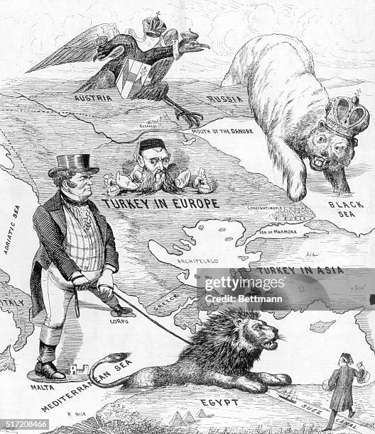 Caricature map of the political divisions surrounding Turkey at the turn of the century. Illustration shows the double headed eagle of Austria to the...