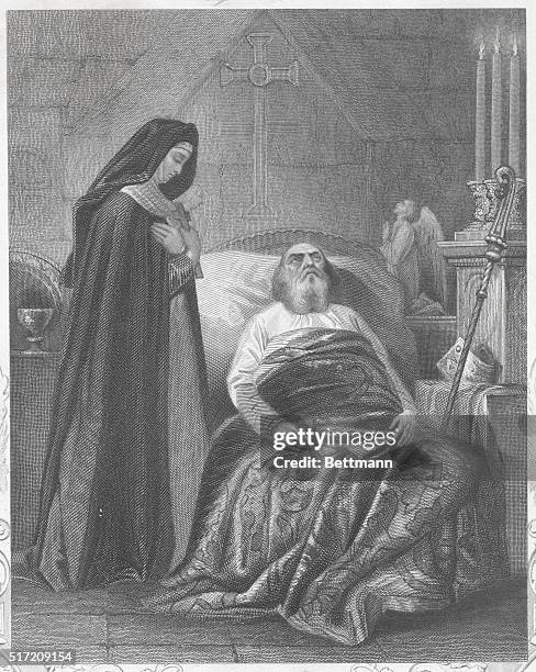 Illustration of Saint Patrick , Christian missionary and Apostle of Ireland, on his deathbed with a nun beside him. Included in the border below the...