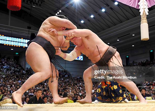 Mongolian yokozuna Hakuho pushes ozeki Goeido out of the ring to win during day twelve of the Grand Sumo Spring Tournament at the Edion Arena Osaka...