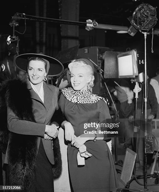 Marilyn Monroe and Jane Russell on the set of the 1953 motion picture Gentleman Prefer Blondes.