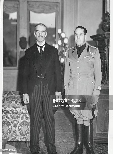 British Prime Minister Neville Chamberlain posing with Italian statesman Count Ciano.