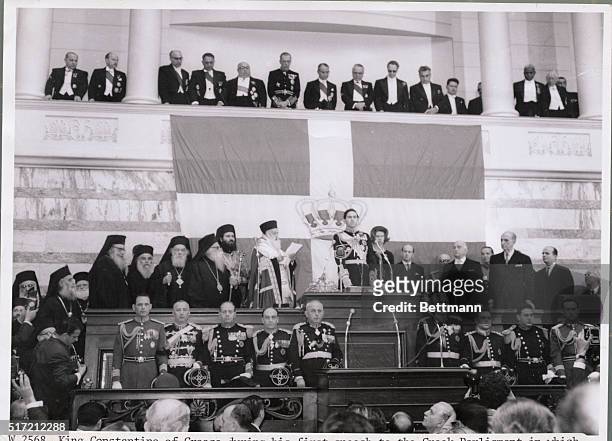 King Constantine of Greece during his first speech to the Greek Parliament in which he proclaimed complete support for the struggle of Greek Cypriots.