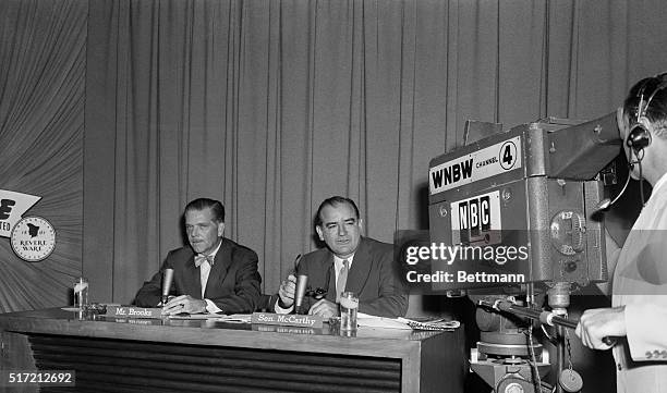 Washington, DC: Sen. Joseph R. McCarthy is shown as he appeared on the TV show, "Meet The Press" here tonight. McCarthy said he would continue his...