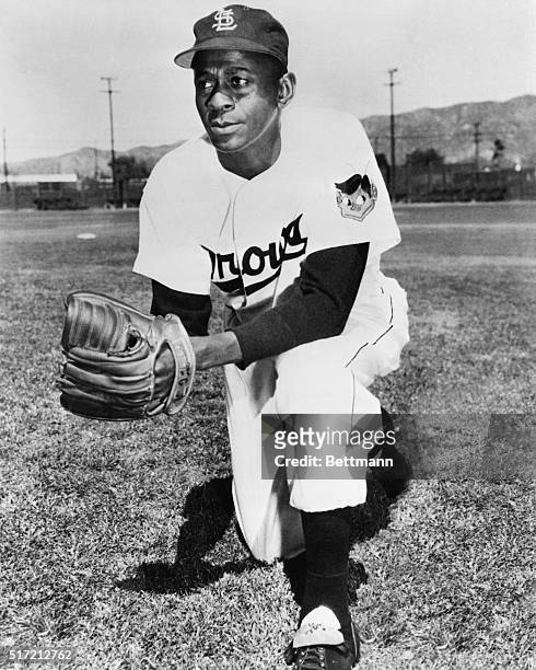 Portrait of pitcher Leroy "Satchel" Paige, former star pitcher in the Negro Leagues, in uniform for the St. Louis Browns of the American League.