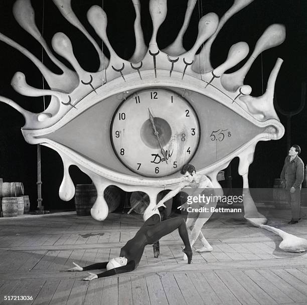 Brussels, Belgium: Some characteristic symbols of the unique art of Salvador Dali- eye, clock, crutches- dominate the stage of the Theatre Royale De...