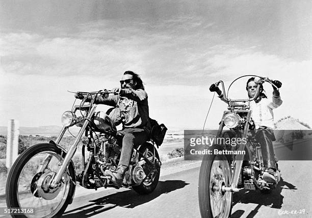 Dennis Hopper and Peter Fonda riding bikes in a scene from the movie Easy Rider. June 30, 1969.