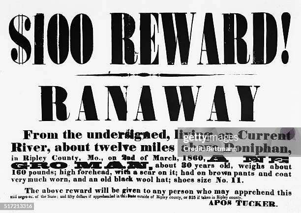 Reward poster circulated in Ripley County, Missouri after March 2, 1860 when an African American slave ran away from his owner, Apos Tucker.