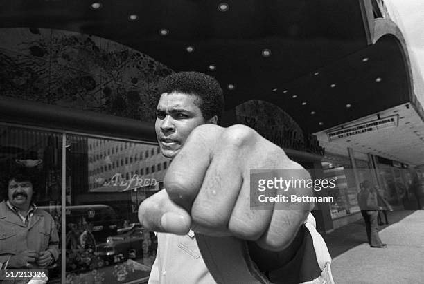 Philadelphia,PA: Muhammad Ali now 31-years old is still aiming for the heavyweight title as he shows his left fist to the camera during an interview...