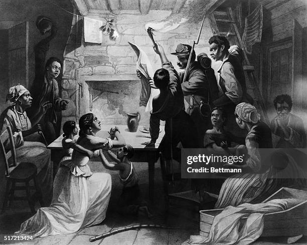 The proclamation reaches the South where a family of slaves receives news of their emancipation. "Reading the Emancipation Proclamation"' engraving...