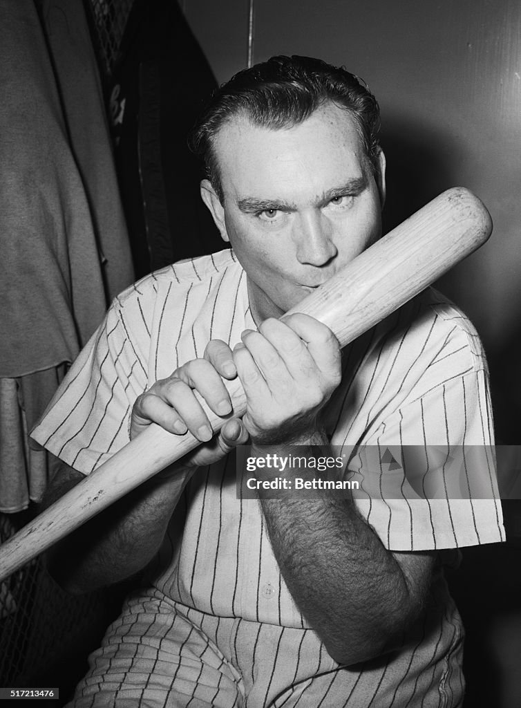 Baseball Player Johnny Mize Kissing His Bat