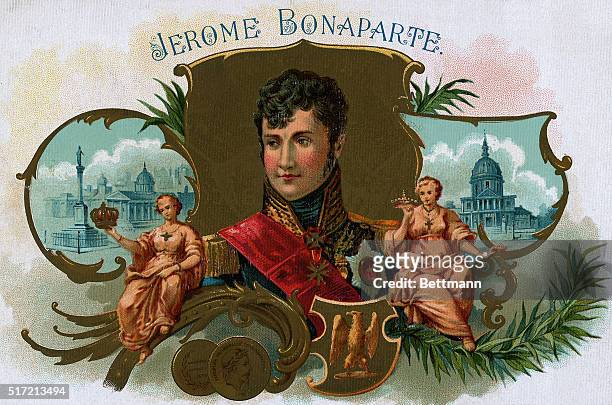 Cigar box label for "Jerome Bonaparte" brand cigars with an image of Jerome in military regalia. Undated lithograph.