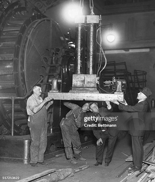 This small dynamo is the first of Edison installed on July 4, 1883 and the largest one made by Edison. Photograph, c. 1883.