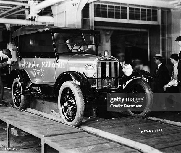 The 15 millionth Ford Model T coming off the assembly line at the Dearborn factory, May 26, 1927. The first Model A was built Oct. 20, 1927 and...