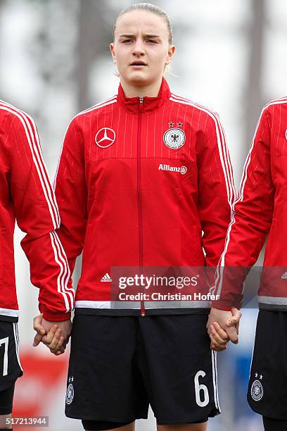 Lisa Schoeppl of Germany lines up during the national anthem prior to the U17 Girl's Euro Qualifier match between Germany and Switzerland on March...