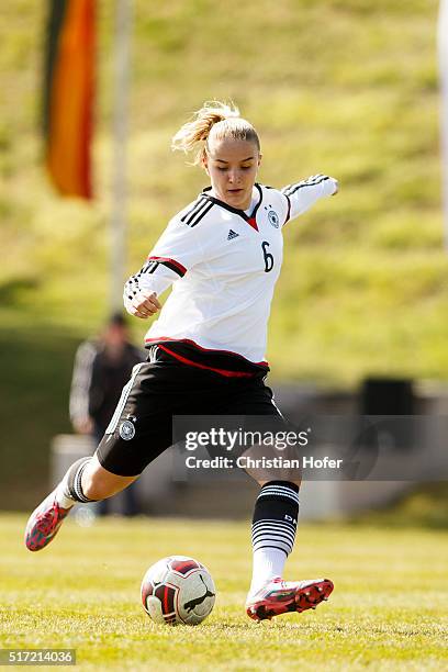 Lisa Schoeppl of Germany controls the ball during the U17 Girl's Euro Qualifier match between Germany and Russia in Sportschule Lindabrunn on March...