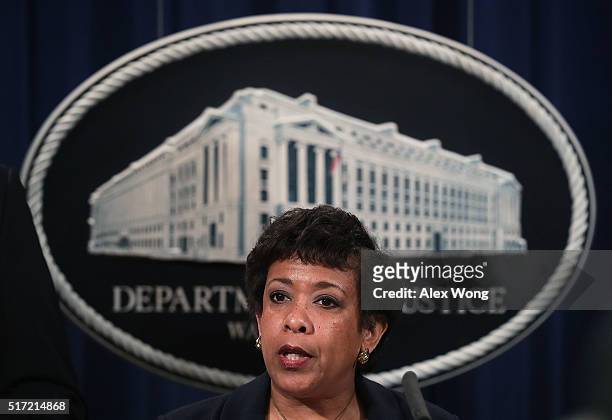 Attorney General Loretta Lynch speaks during a news conference for announcing a law enforcement action March 24, 2016 in Washington, DC. A grand jury...