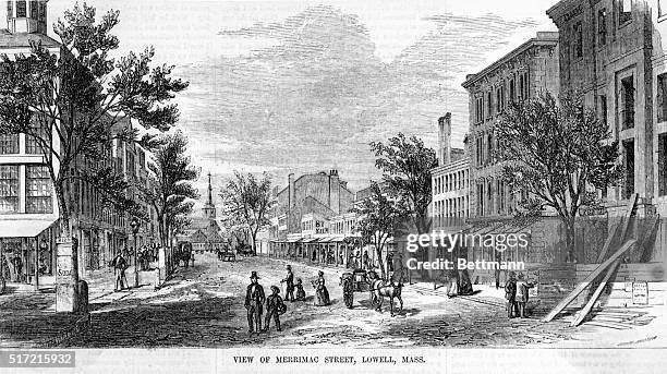 Lowell, MA: Picture shows a view of Merrimac Street. Engraving.