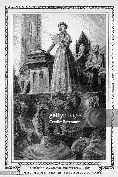 Seneca Falls, NY: Mrs Elizabeth Cady Stanton is shown speaking during the first Woman's Rights Convention, held in the Wesleyan Methodist Chapel in...
