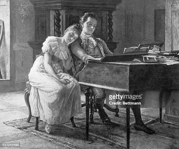 Picture shows Felix Mendelssohn German composer with his sister Fanny at the piano Screened image from painting Byr. Poetzelberger.