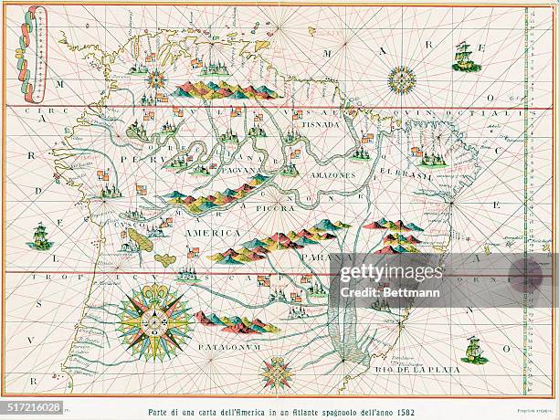 Portion of a map of South America, from a Spanish atlas of the year 1582. Color illustration.