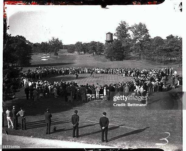 This scene was snapped on the Quaker Ridge golf course today when Byron Nelson, of Texas, and Ridgewood, New Jersey, came home in front with a card...