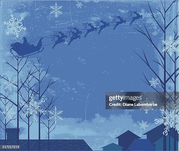 santa and reindeer flying over rooftops - twas the night before christmas stock illustrations