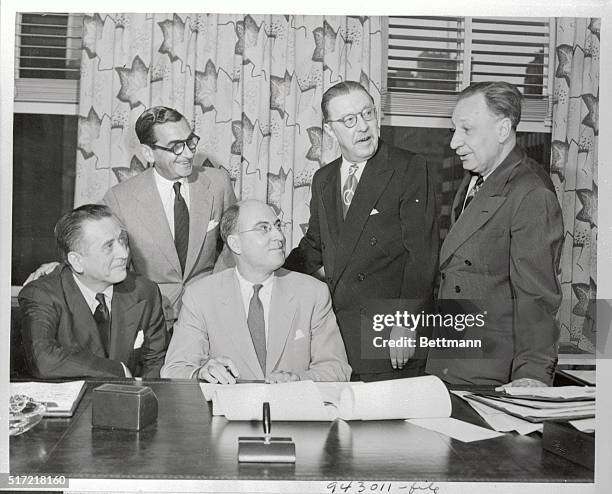 Contract was signed in the office of Joseph H. McConnell, NBC President, in the RCA Building. Left to right are Leland Hayward, Irving Berlin, Joseph...