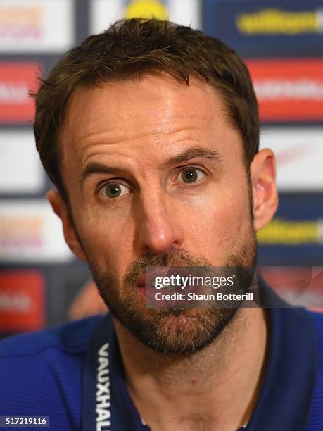 Gareth Southgate manager of England U21 speaks during an England U21 press conference ahead of their UEFA U21 European Championship qualifier against...