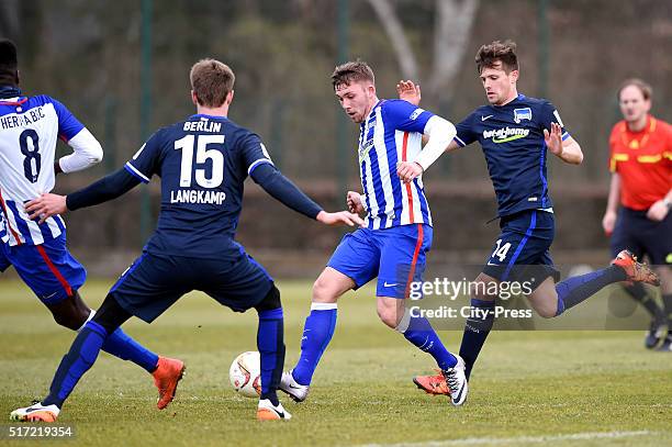 Sebastian Langkamp, Fabio Mirbach of Hertha BSC U23 and Valentin Stocker of Hertha BSC during the test match between Hertha BSC and Hertha BSC U23 on...