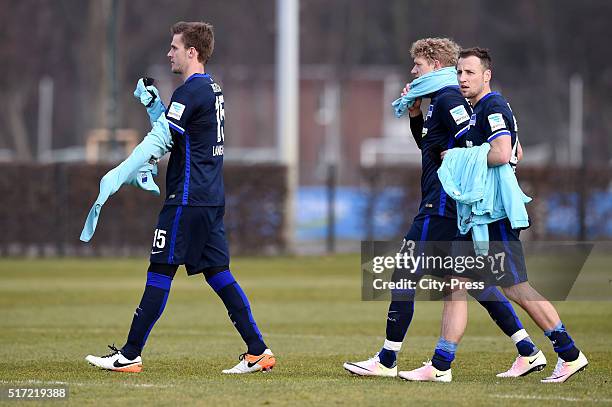 Sebastian Langkamp, Johannes van the Bergh and Roy Beerens of Hertha BSC during the test match between Hertha BSC and Hertha BSC U23 on March 24,...