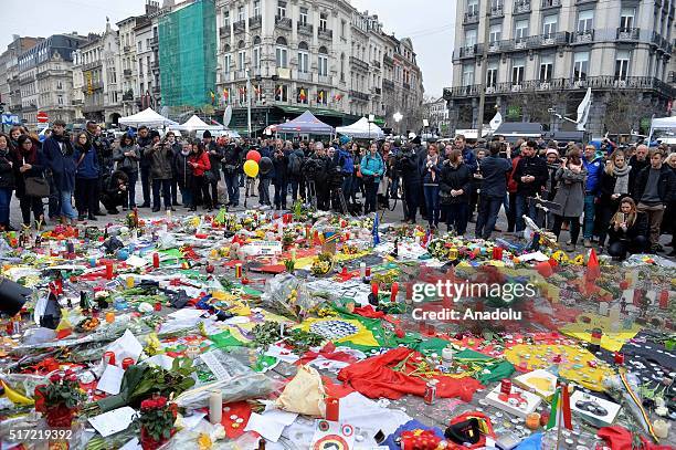 People gather at Place de la Bourse to commemorate multiple terrorist attack victims in Brussels, Belgium on March 24, 2016. Brussels terrorist...