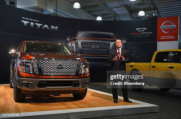 Fred Diaz, senior vice president of Nissan Sales & Marketing and U.S. Operations for Nissan North America Inc., unveils the 2017 Titan pickup truck...