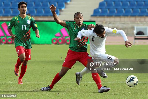 Bangladesh's midfielder Jamal Bhuyan vies with Jordan's Yousef Mazen al-Naber during their World Cup 2018 Asian qualifying football match on March...