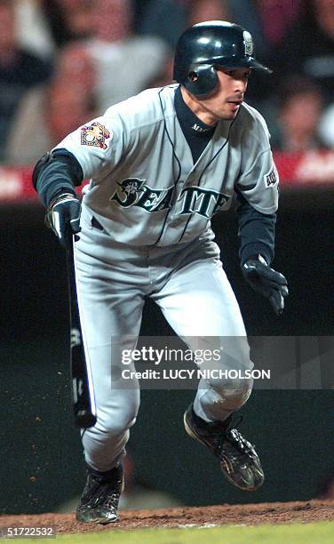 Seattle Mariners' Ichiro Suzuki grounds out to second at the top of the fifth inning against the Anaheim Angels, in Anaheim, CA, 10 September 2001....