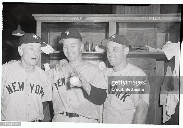 Casey Stengel, Yankee manager, watches pop-eyed at tricks done with baseball by Ed Lopat who won his tenth game of the season by stopping the Chicago...