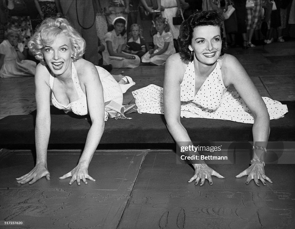 Marilyn Monroe and Jane Russell Entering Hollywood Hall of Fame