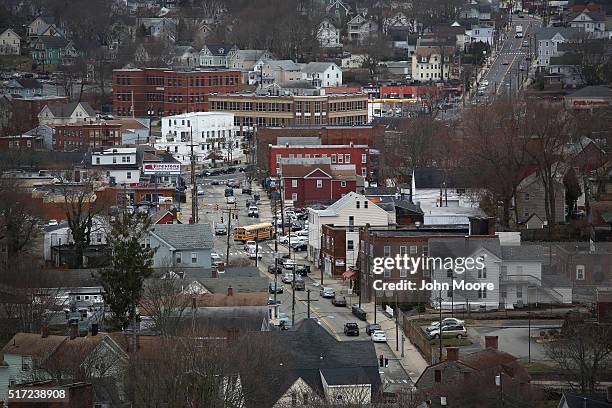 Traffic moves through downtown streets on March 14, 2016 in New London, CT. Communities across New England are struggling with an epidemic of...