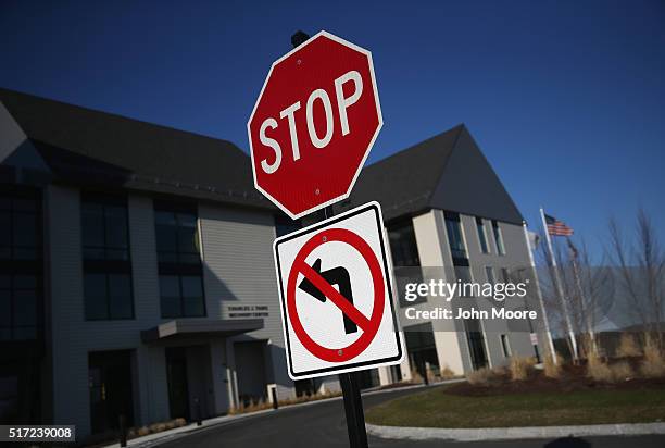 Street signs stand outside a substance abuse treatment center on March 22, 2016 in Westborough, MA. The new 100-bed residential rehab center, run by...